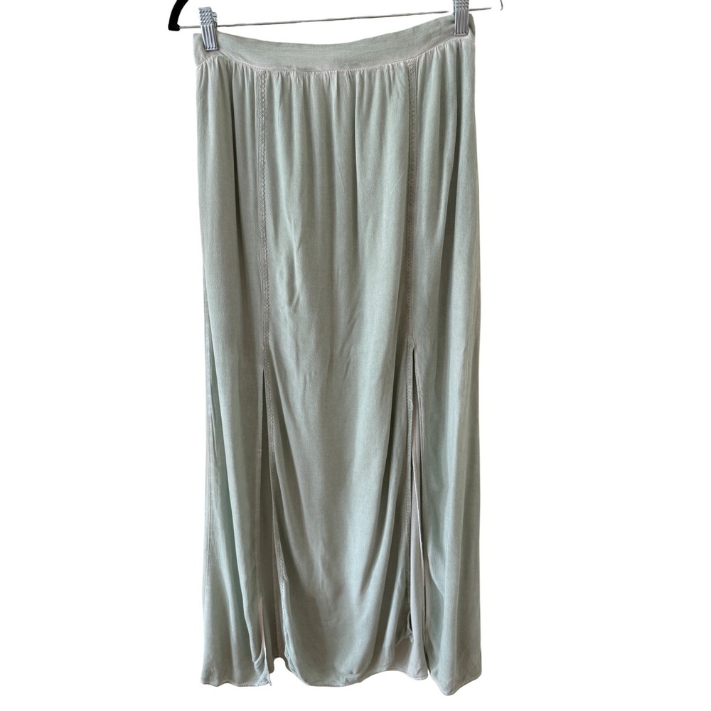 A2 Zara Skirt Double Front Slit Maxi Boho Sage Green Viscose Ladder Lace Trim‎